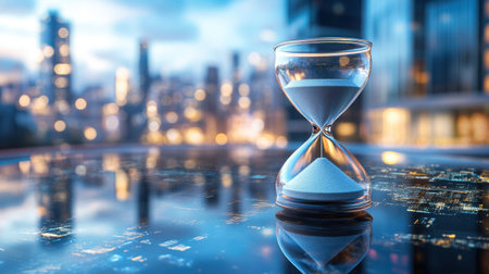 A stunning hourglass filled with white sand sits on a reflective surface, capturing the essence of time amid a beautiful city skyline, perfect for concepts of reflection and planning.の素材