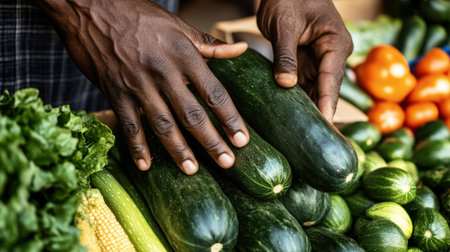 Close-up of dark hands holding fresh cucumbers at a colorful farmers market. The vibrant display showcases the health and variety of organic produce available.の素材