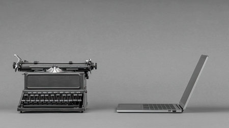A striking comparison of a vintage typewriter alongside a modern laptop, showcasing the evolution of writing technology against a minimalist gray backdrop.の素材
