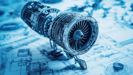 This image showcases a meticulously detailed jet engine rendered in blue tones against a blueprint background, highlighting the intricate design and engineering precision.の素材
