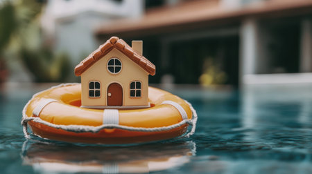A charming toy house rests atop a bright lifebuoy, floating serenely in clear pool water. The scene evokes feelings of summer enjoyment and playful relaxation.の素材