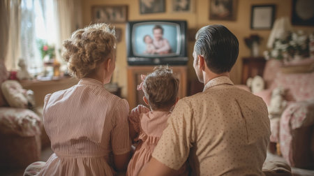 A heartwarming scene of a family enjoying time together in a vintage living room, watching television and sharing tender moments filled with nostalgia.の素材
