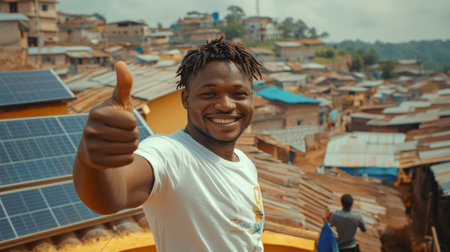 A young man smiling and giving a thumbs up stands against a backdrop of rooftops and solar panels, capturing a moment of positivity and community spirit.の素材