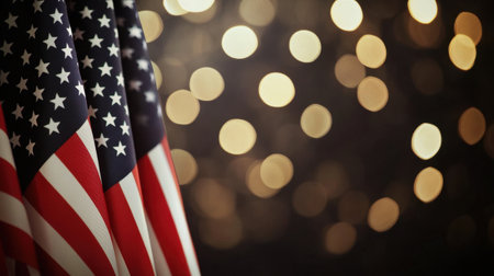 A collection of American flags set against a striking bokeh background, capturing themes of patriotism, celebration, and vibrant emotions in a visually appealing way.の素材