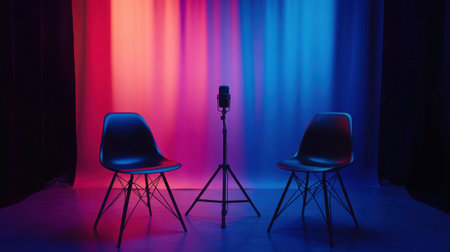A modern stage setup featuring two stylish chairs and a microphone on a vibrant background of red and blue lighting, perfect for interviews or performances.の素材