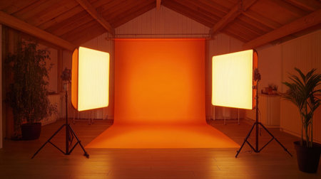 This image showcases a vibrant studio space featuring an orange backdrop illuminated by soft lights, perfect for photography sessions and creative projects.の素材