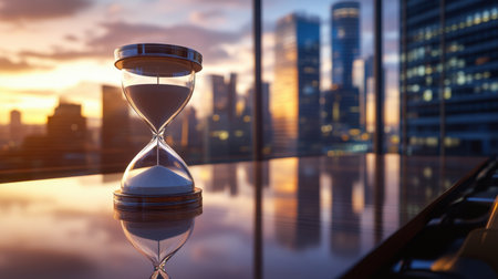 A beautiful hourglass sits on a polished table, reflecting a stunning city skyline at sunset. This image symbolizes the passage of time, perfect for various concepts.の素材