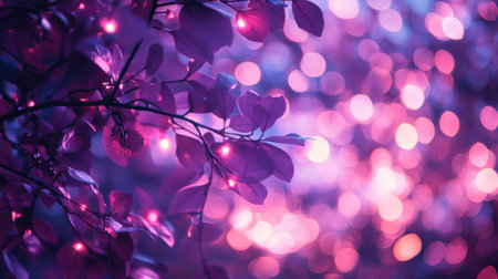 A stunning purple bokeh background featuring delicate leaves illuminated by soft lights. This dreamy scene evokes tranquility, beauty, and magical ambiance, perfect for artistic projects.の素材