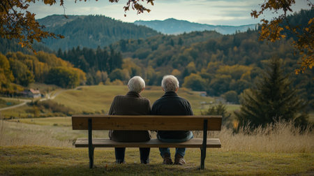 Two elderly friends sit on a park bench, enjoying the peaceful nature around them amidst mountains and colorful trees. A moment of connection and tranquility.の素材