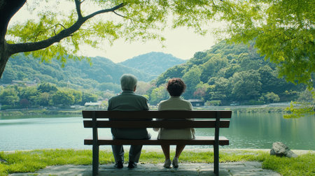 An elderly couple sits on a bench by a serene lake, surrounded by lush greenery. The tranquil scene captures moments of connection, nature, and peacefulness.の素材