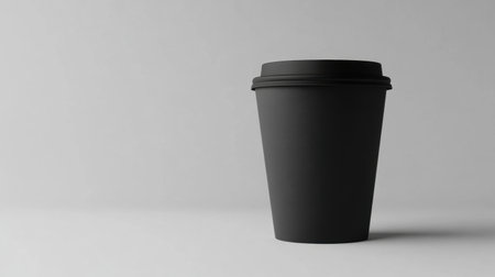 A minimalist black coffee cup sits on a plain background, showcasing simplicity and elegance. Ideal for modern design projects, branding and culinary themes.の素材