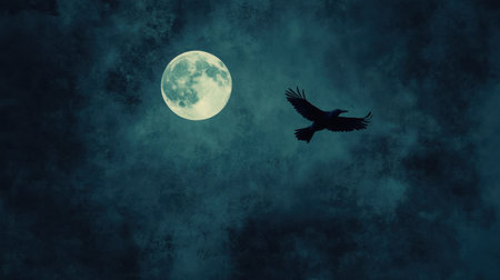 A stunning silhouette of a bird in flight against a backdrop of a glowing full moon and textured clouds, capturing the essence of a tranquil night in nature.の素材