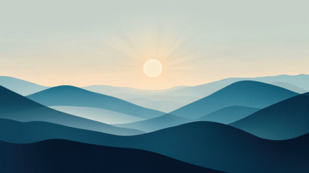 A tranquil landscape featuring soft blue mountains under a serene sky at sunset. The glowing sun peeks over the horizon, creating a calming ambiance.の素材