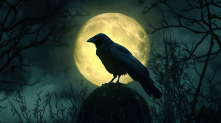 A striking silhouette of a raven perched on a stone under a glowing full moon. The dark atmosphere creates a mystical and tranquil scene ideal for nature lovers.の素材