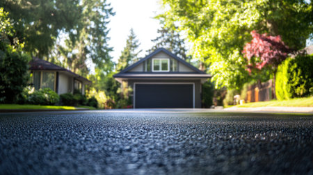 A picturesque view of a tranquil suburban street featuring a charming house surrounded by vibrant greenery, inviting driveway, and lush trees. Perfect for serene settings.の素材