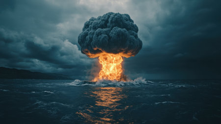 A dramatic explosion erupts from the ocean, contrasting fiery flames with dark clouds, capturing the raw power of nature in a surreal landscape.の素材