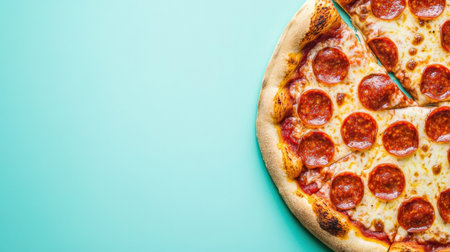 A mouth-watering pepperoni pizza slice topped with melting cheese, isolated on a vibrant light blue background. Perfect for food marketing and culinary themes.の素材
