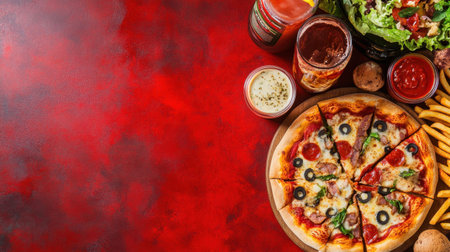 A vibrant spread featuring a delicious pizza topped with pepperoni and olives, accompanied by fresh salad, fries, and refreshing drinks, ideal for sharing.の素材