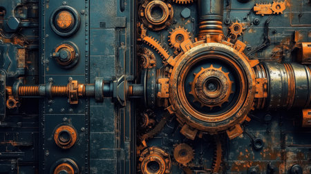 Explore a captivating steampunk mechanism featuring intricate gears and metallic elements, embodying a unique blend of vintage and industrial design.の素材