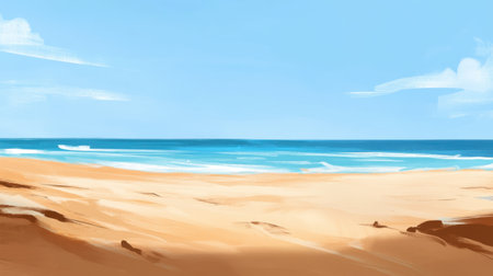 This serene beach landscape features gentle waves lapping at a golden sandy shore under a clear blue sky, perfect for evoking feelings of relaxation and escape.の素材