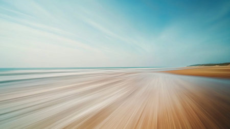 A tranquil coastal landscape capturing soft waves lapping against a sandy shore under a clear blue sky, conveying peace and serenity in nature.の素材