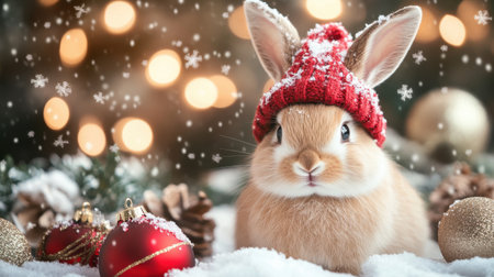 This delightful image features an adorable bunny in a red hat surrounded by snow, decorations, and a warm holiday atmosphere, perfect for winter themes.の素材