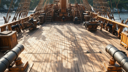 Explore the beautiful wooden deck of a historic sailing ship, showcasing intricate craftsmanship and surrounded by serene natural landscapes under soft sunlight.の素材