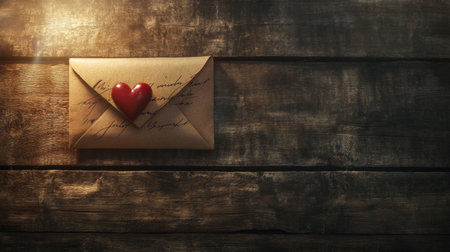A beautiful romantic letter rests on a wooden table, featuring a red heart seal. This charming scene evokes feelings of love, intimacy, and nostalgia.の素材