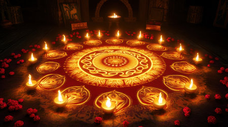 Captivating mandala pattern adorned with glowing candles and vibrant flowers creates a serene ambiance. Perfect for rituals, celebrations, or tranquil settings.の素材