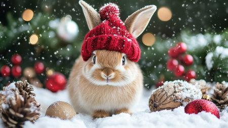Adorable bunny wearing a red knit hat sits in a snowy festive scene with holiday decorations, creating a cheerful and cozy winter atmosphere perfect for seasonal imagery.の素材