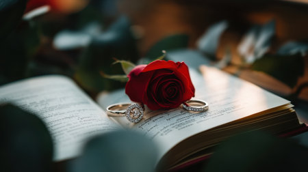 A romantic scene featuring two wedding rings resting on an open book beside a beautiful red rose. This image captures love and commitment, perfect for wedding themes.の素材