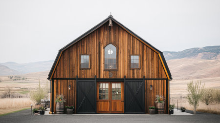A charming wooden barn showcasing traditional architecture, set against rolling mountains. The inviting entrance features large doors, perfect for country living.の素材