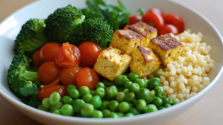 A vibrant vegetarian bowl featuring fresh broccoli, grilled tofu, sweet tomatoes, and green peas. Ideal for healthy eating and meal preparation.の素材