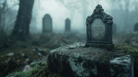 A haunting graveyard scene enveloped in dense fog, featuring an old headstone surrounded by an eerie atmosphere. The tranquility of forgotten memories prevails.の素材
