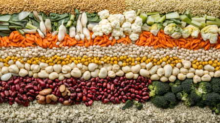 A vibrant arrangement of fresh vegetables and legumes showcases healthy eating options. Perfect for culinary themed projects, or agriculture designs.の素材