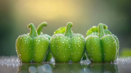 A stunning close-up of fresh green bell peppers with glistening water drops. Perfect for illustrating concepts of freshness, health, and vibrant cuisine.の素材