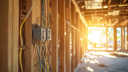 This image captures the intricate details of electrical wiring installation in a construction site, showcasing exposed wires and panels bathed in warm natural light. Perfect for illustrating construction or electrical work themes.の素材