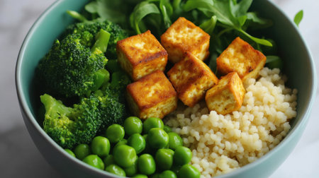 A vibrant and nutritious bowl featuring golden tofu cubes, steamed broccoli, fresh green peas, and fluffy couscous, perfect for a healthy meal.の素材