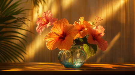 A stunning display of hibiscus flowers in a glass vase, illuminated by soft sunlight. This vibrant arrangement captures the beauty of nature, adding a touch of elegance to any setting.の素材