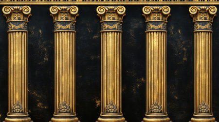 This image showcases a stunning arrangement of elegant golden columns adorned with intricate details. The dark background highlights the beauty of classical architecture.の素材