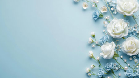 A beautiful arrangement of white and blue flowers on a soft blue background, perfect for wedding, event, or decorative purposes. Capture elegance and charm.の素材