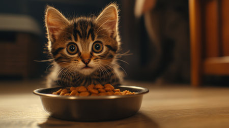 A cute tabby kitten stares intently at its food bowl in a cozy indoor setting, showcasing its playful and curious nature. The warm light enhances the adorable features of this little cat.の素材