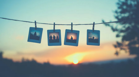 Captivating sunset scene featuring hung photos against a colorful sky, symbolizing cherished memories and connections, perfect for creative projects.の素材