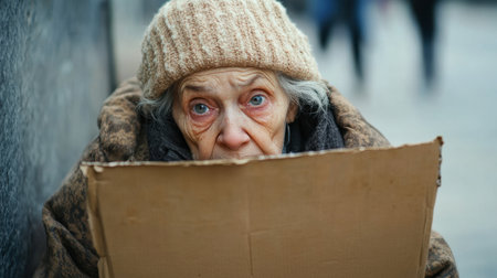 An elderly woman with striking blue eyes holds a cardboard sign in an urban setting, conveying a powerful message about poverty and need for help.の素材