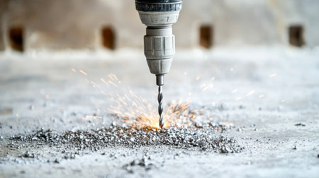 A close-up view of a drill creating sparks while boring into a concrete surface, showcasing action and precision in construction or renovation work.の素材