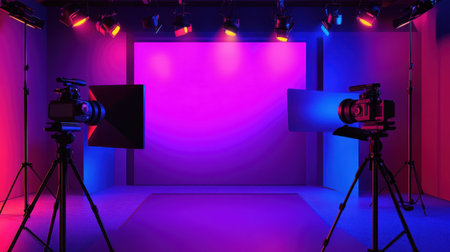 Vibrant photography studio setup featuring colorful lights and professional cameras. Perfect setting for creative projects or photo shoots with dynamic illumination.の素材