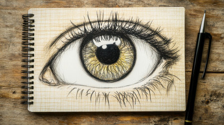 This captivating image features a realistic hand-drawn eye sketch on a textured sketchbook page. A pen rests nearby, emphasizing the artistry and creativity involved.の素材