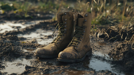 A pair of rugged brown boots, covered in mud, sits in a puddle on a natural landscape. This image captures the essence of adventure and outdoor exploration.の素材