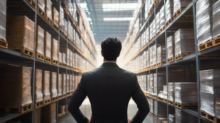 A businessman stands in a large warehouse, contemplating stock organization and management strategies. The scene captures the essence of logistics and inventory control.の素材