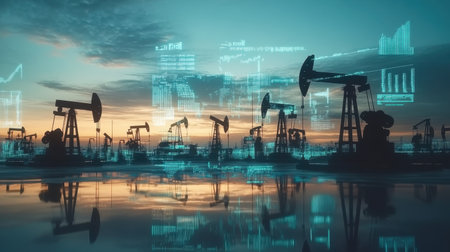 This image showcases a digital interpretation of the oil industry, featuring pump jacks at sunset, overlaid with data visualizations that represent modern analytics in energy production and extraction.の素材